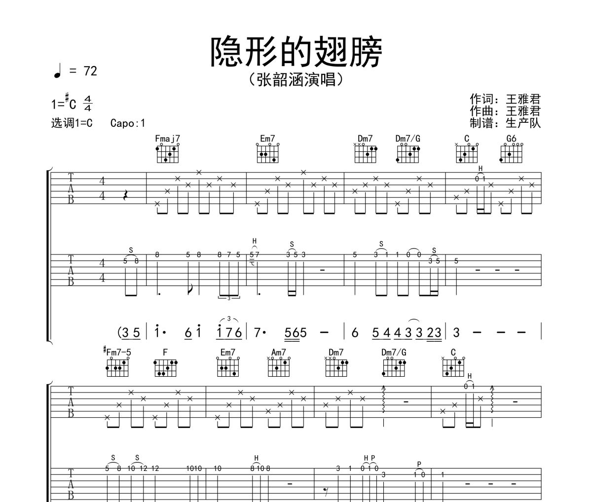 隐形的翅膀吉他谱 张韶涵《隐形的翅膀》六线谱C调吉他谱