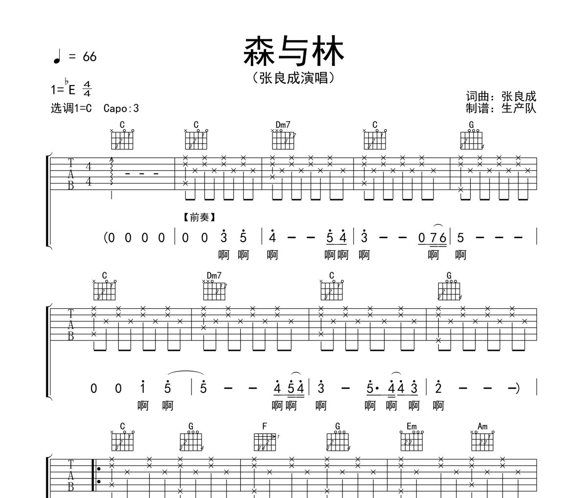 森与林吉他谱 张良成《森与林》六线谱C调吉他谱