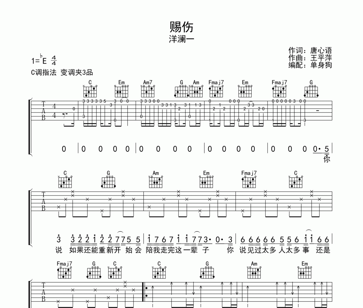 赐伤吉他谱 洋澜一《赐伤》C调弹唱谱