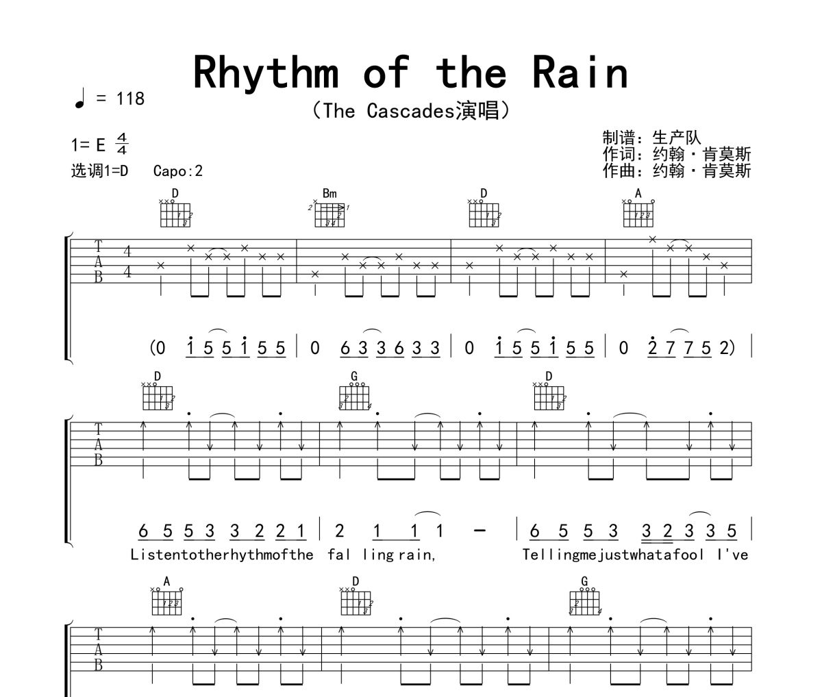 Rhythm of the Rain吉他谱 The Cascades《Rhythm of the Rain》六线谱|吉他