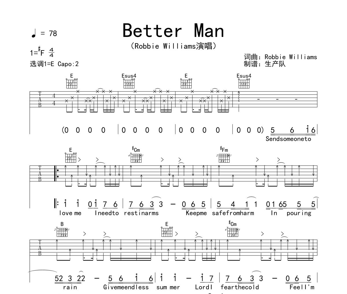 Better Man吉他谱 Robbie Williams《Better Man》六线谱|吉他谱