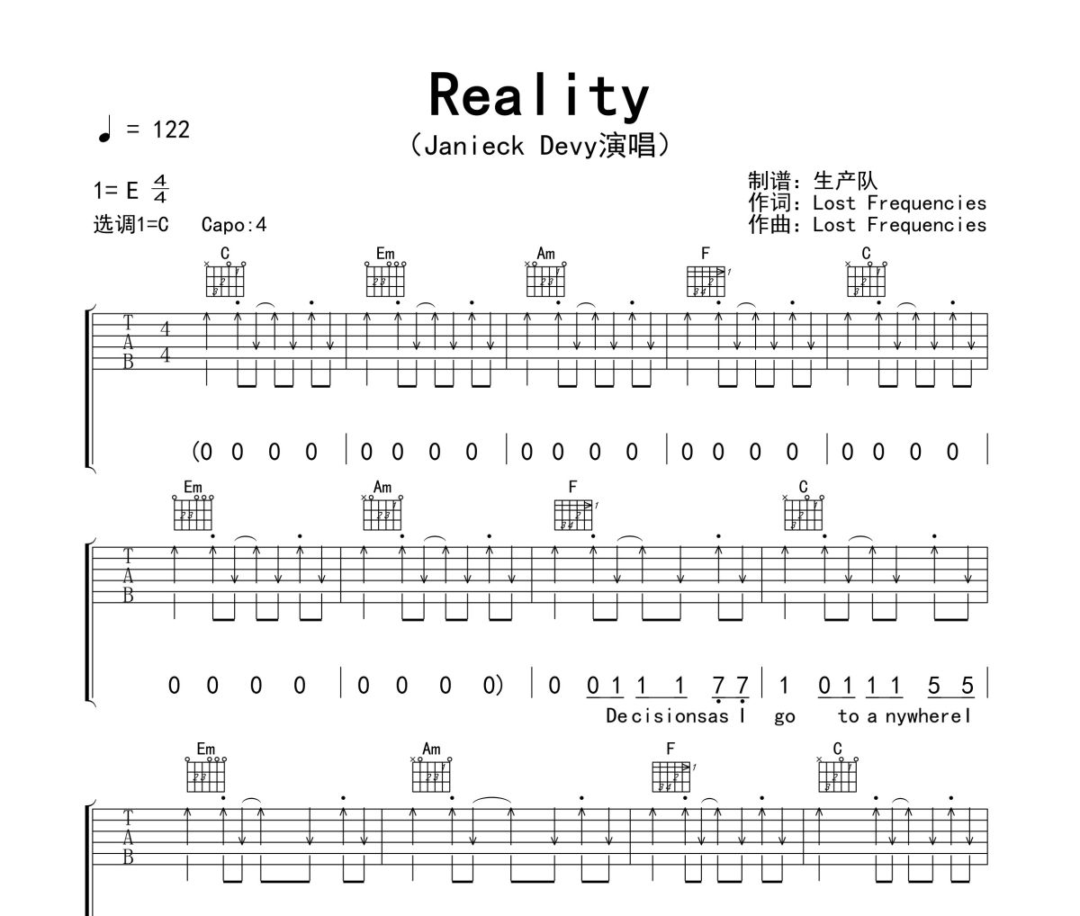 Reality吉他谱 Janieck Devy《Reality》六线谱|吉他谱