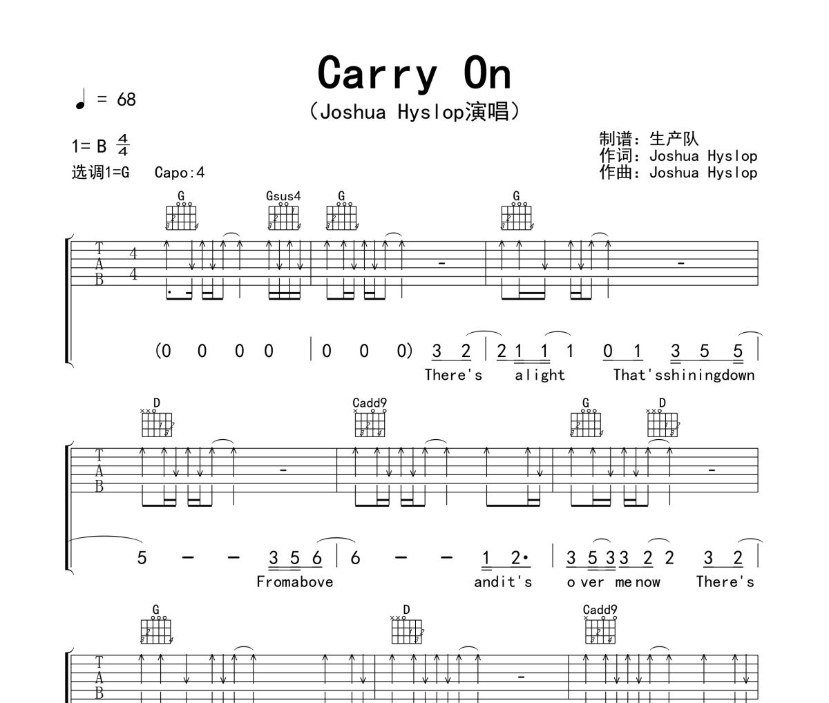 Carry On吉他谱 Joshua Hyslop《Carry On》六线谱|吉他谱