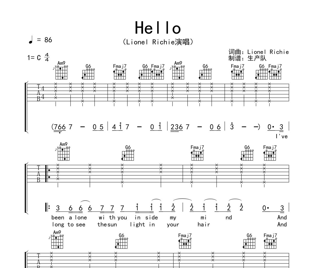 Hello吉他谱 Lenoon Richard《Hello》六线谱|吉他谱