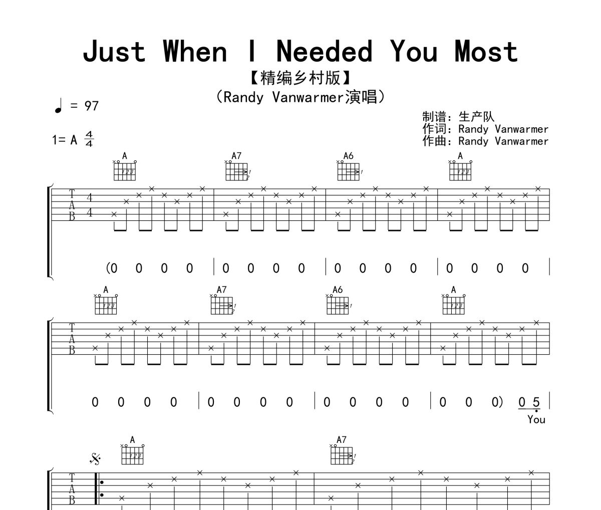 Just When I Needed You Most吉他谱 Randy Vanwarmer《Just When I N