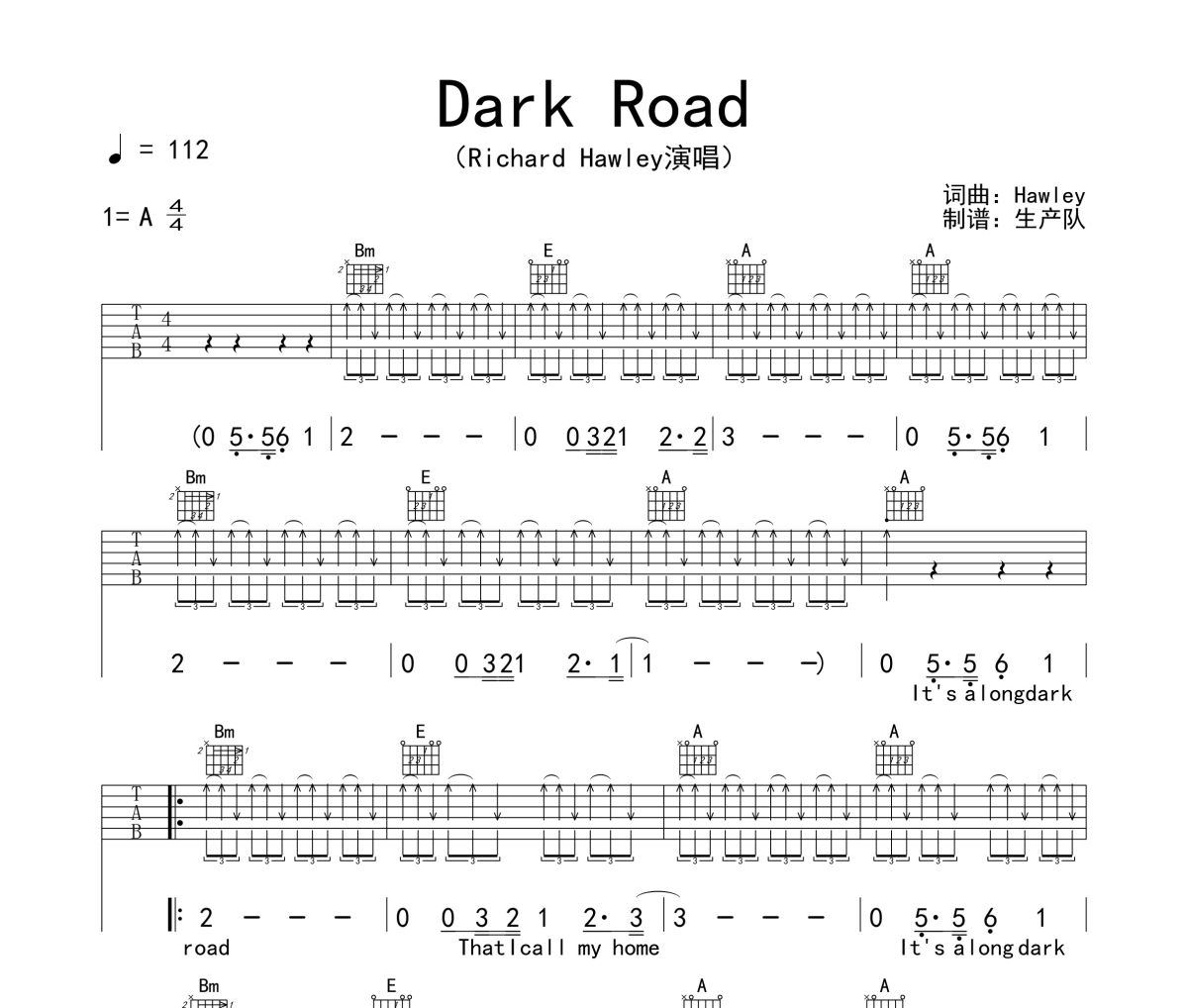 Dark Road吉他谱 Richard Hawley《Dark Road》六线谱|吉他谱