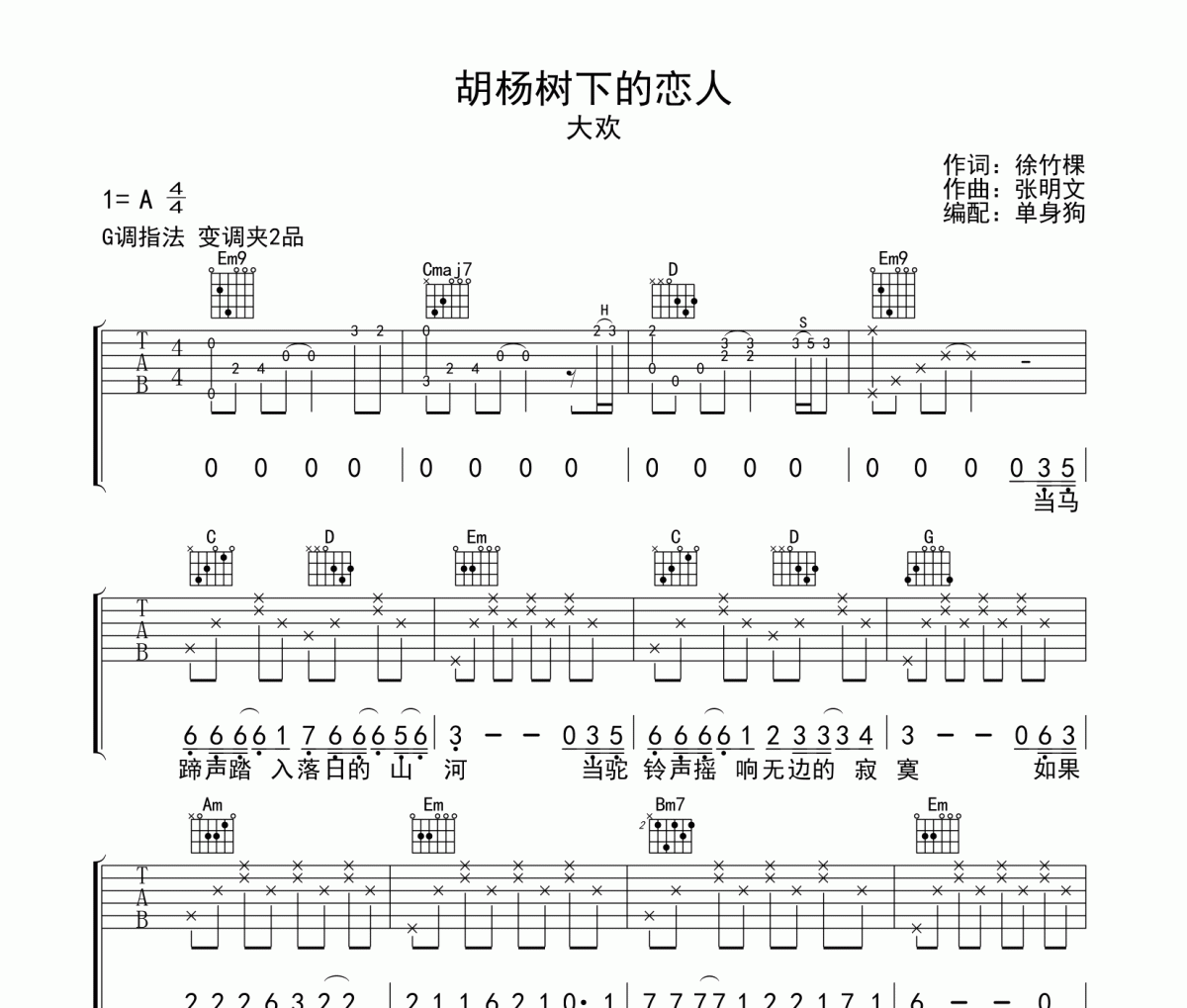 胡杨树下的恋人吉他谱 大欢 《胡杨树下的恋人》G调弹唱谱