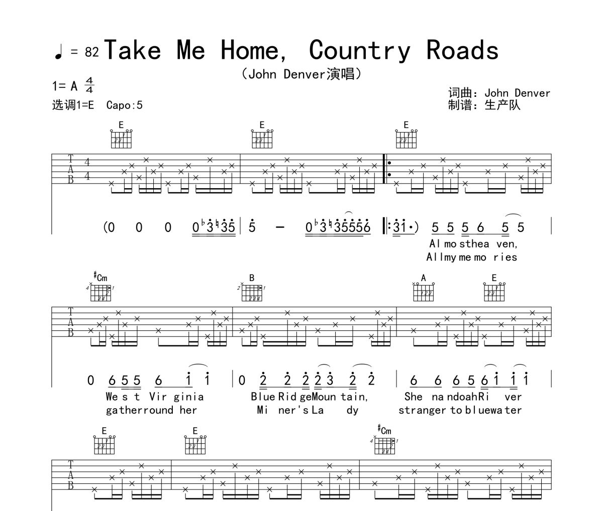 Take me home, Country Road吉他谱 John Denver《Take me home, Coun