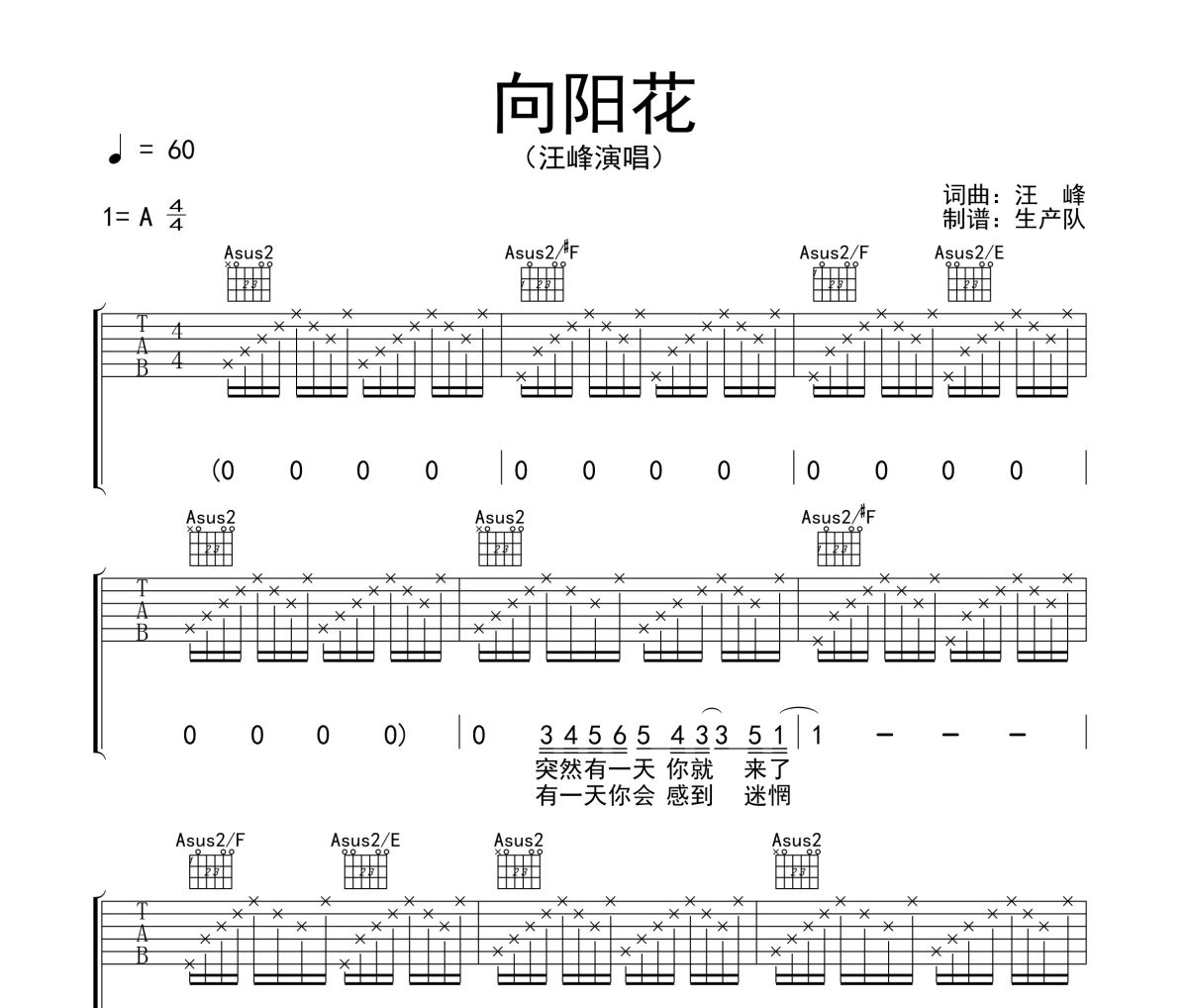 向阳花吉他谱 汪峰《向阳花》六线谱A调吉他谱