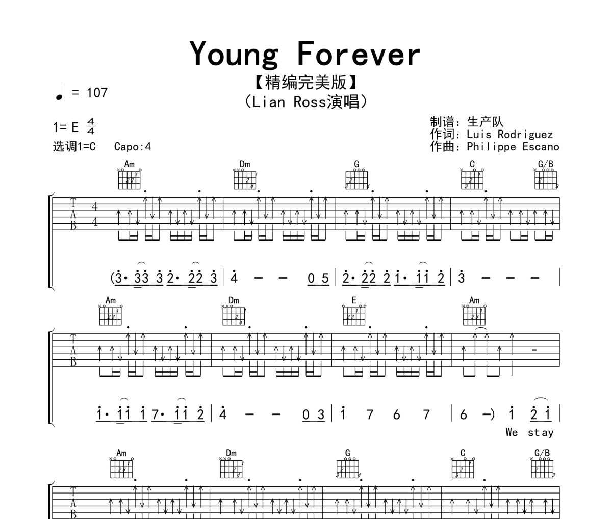 Young Forever吉他谱 Lian Ross《Young Forever》六线谱C调吉他谱