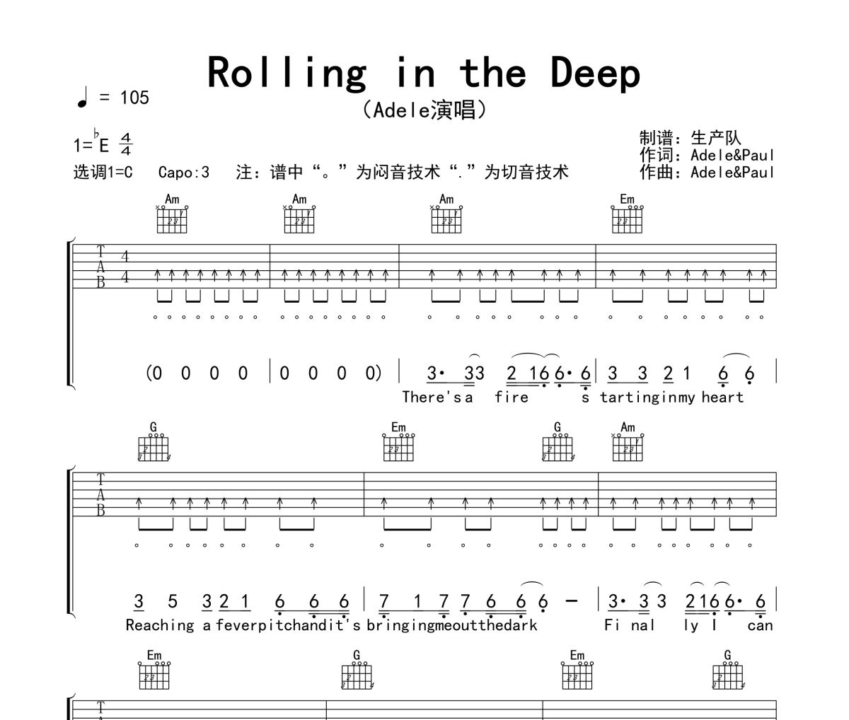 Rolling in the Deep吉他谱 Adele《Rolling in the Deep》六线谱C调指法编配吉他