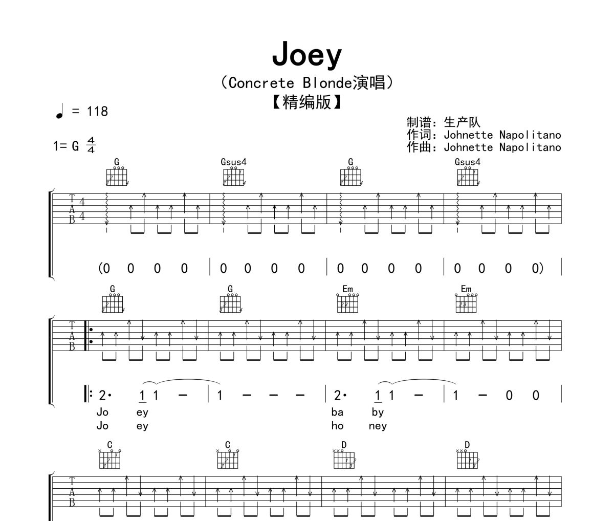 Joey吉他谱 Concrete Blonde《Joey》六线谱G调指法编配吉他谱