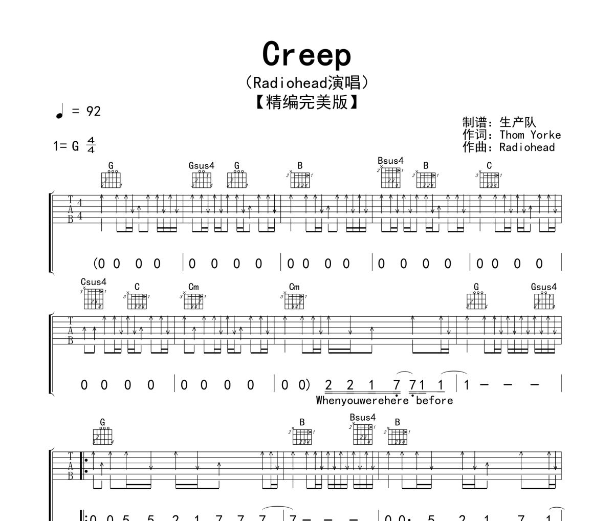 Creep吉他谱 Radiohead《Creep》六线谱G调吉他谱