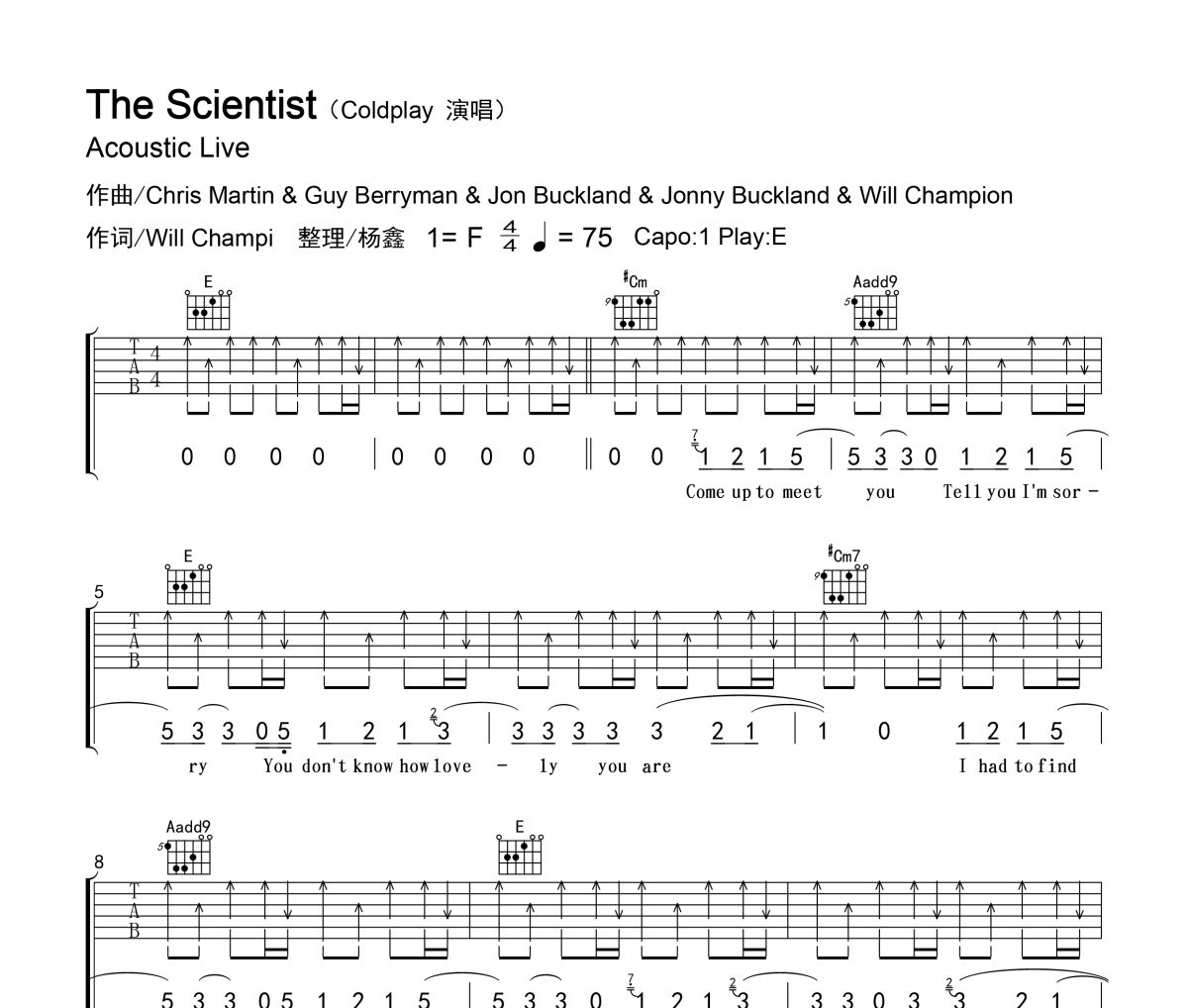 The scientist吉他谱 Coldplay《The scientist》六线谱E调吉他谱