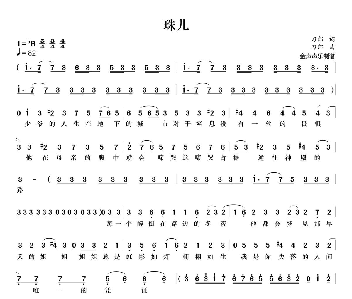 珠儿简谱 刀郎《珠儿》简谱+动态视频降B调