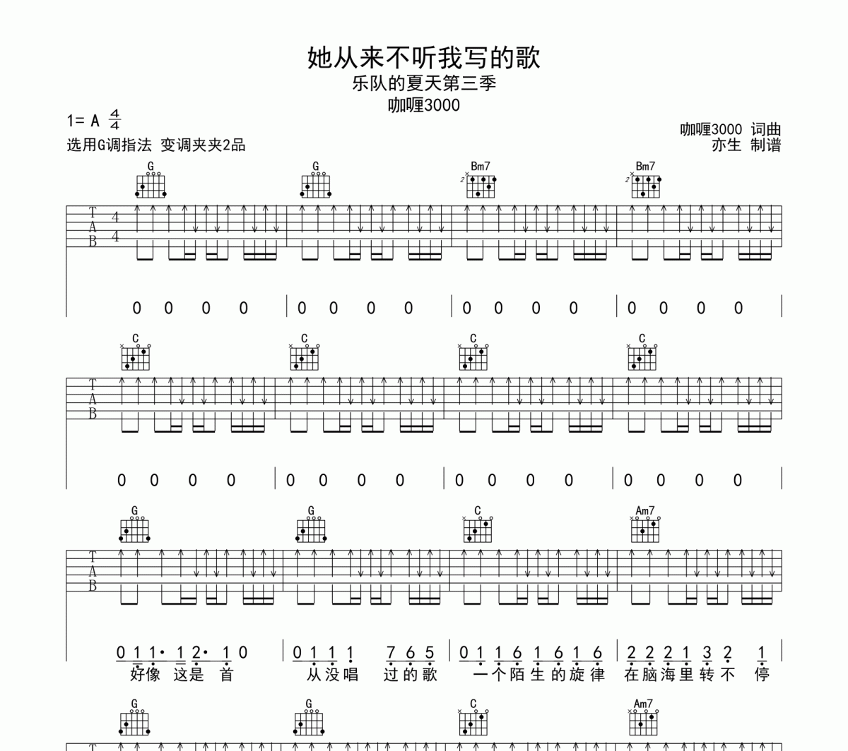 她从来不听我写的歌吉他谱 咖喱3000《她从来不听我写的歌》六线谱|吉他谱G调