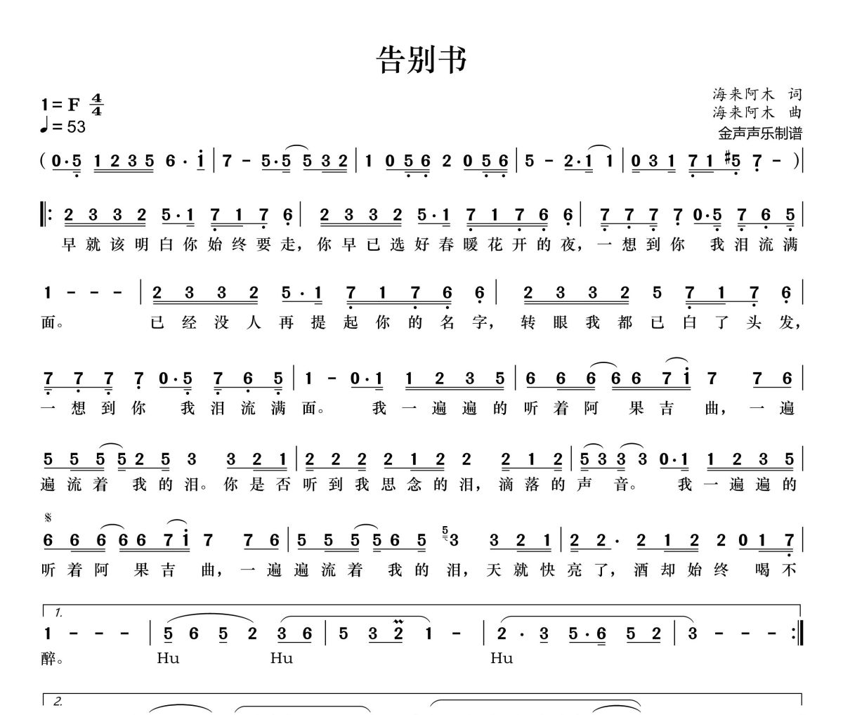 告白书简谱 海来阿木《告白书》简谱+动态视频F调