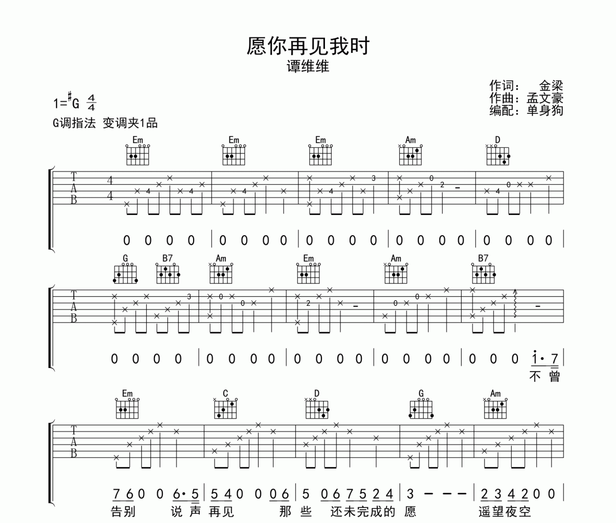 愿你再见我时吉他谱 谭维维-愿你再见我时G调弹唱谱