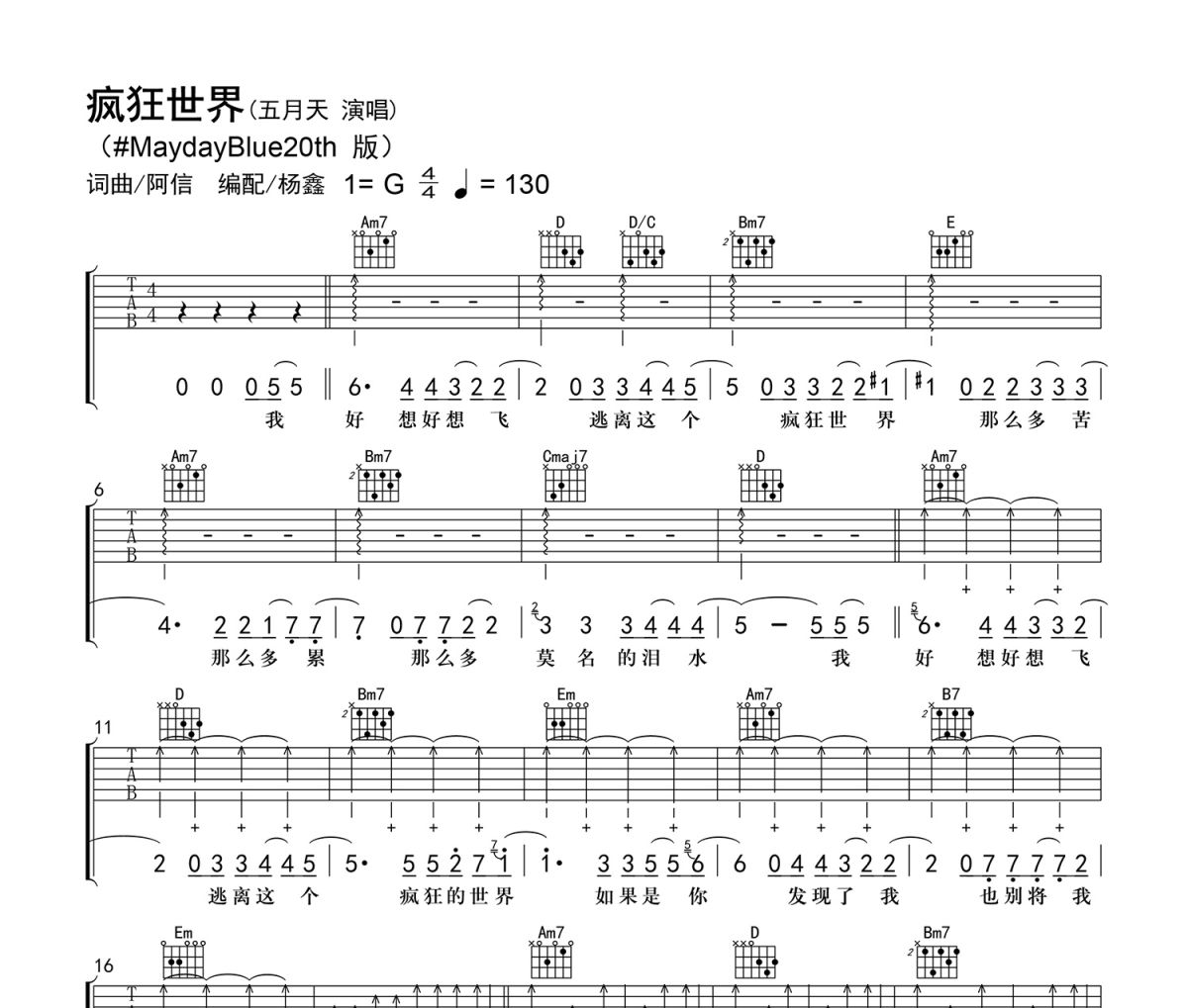 疯狂世界吉他谱 五月天《疯狂世界》六线谱G调吉他谱