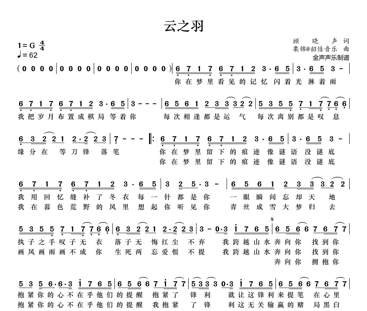 云之羽简谱 张杰《云之羽》简谱+动态视频G调