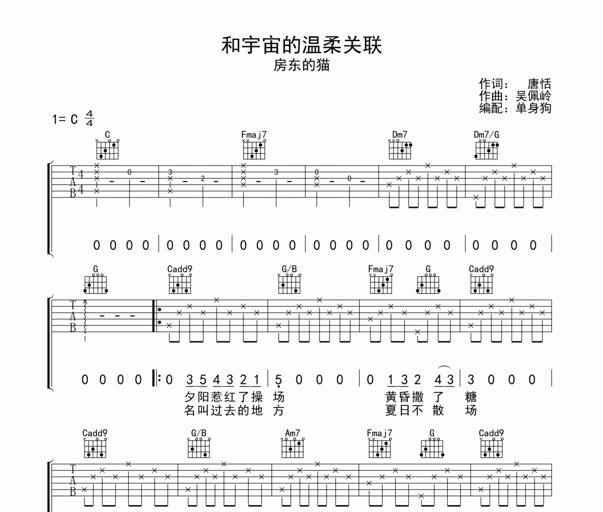 和宇宙的温柔关联吉他谱 房东的猫-和宇宙的温柔关联C调弹唱谱