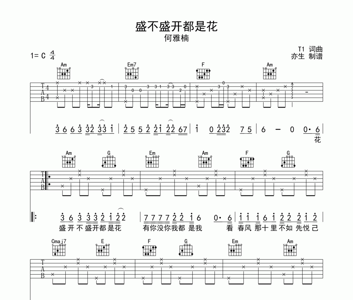 盛不盛开都是花吉他谱 何雅楠-盛不盛开都是花六线谱C调吉他谱