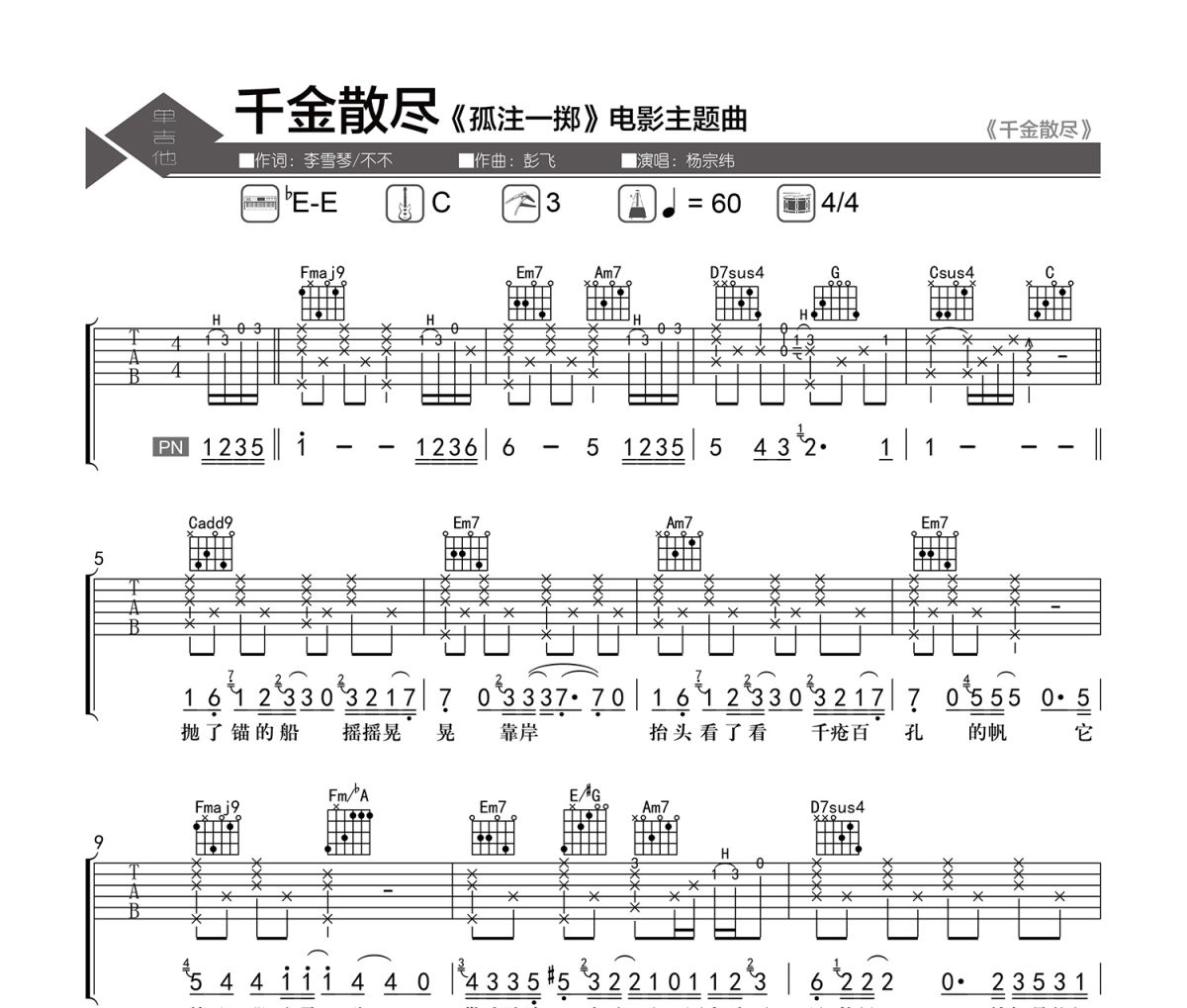 千金散尽吉他谱 杨宗纬《千金散尽》选调C弹唱谱