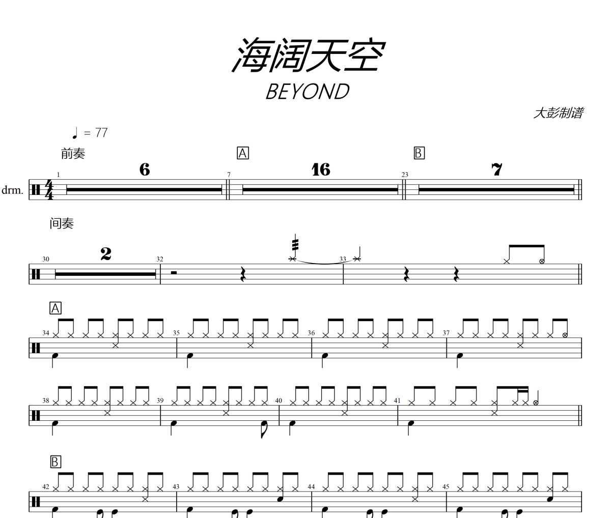 海阔天空鼓谱 Beyond《海阔天空》架子鼓鼓谱+动态视频