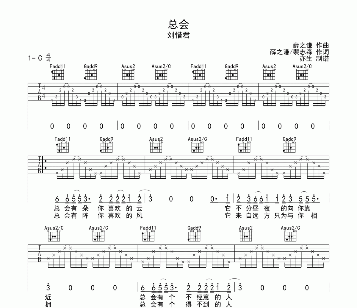 总会吉他谱 刘惜君《总会》六线谱|吉他谱