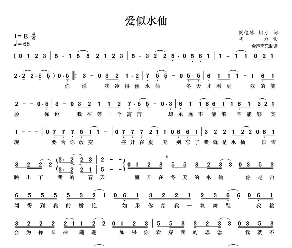 爱似水仙简谱 张茜、半吨兄弟《爱似水仙》简谱+动态视频E调