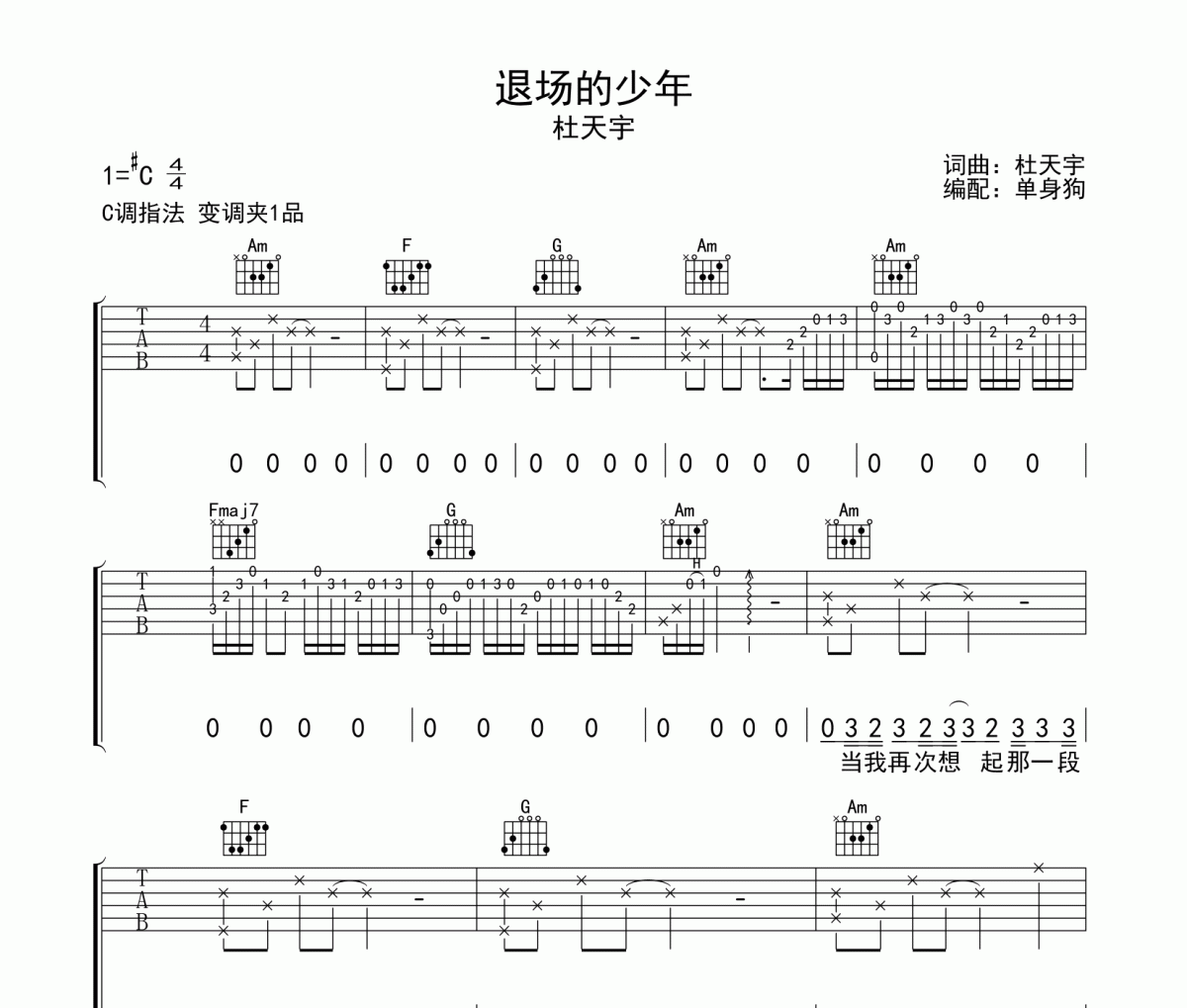 退场的少年吉他谱 杜天宇-退场的少年C调弹唱谱