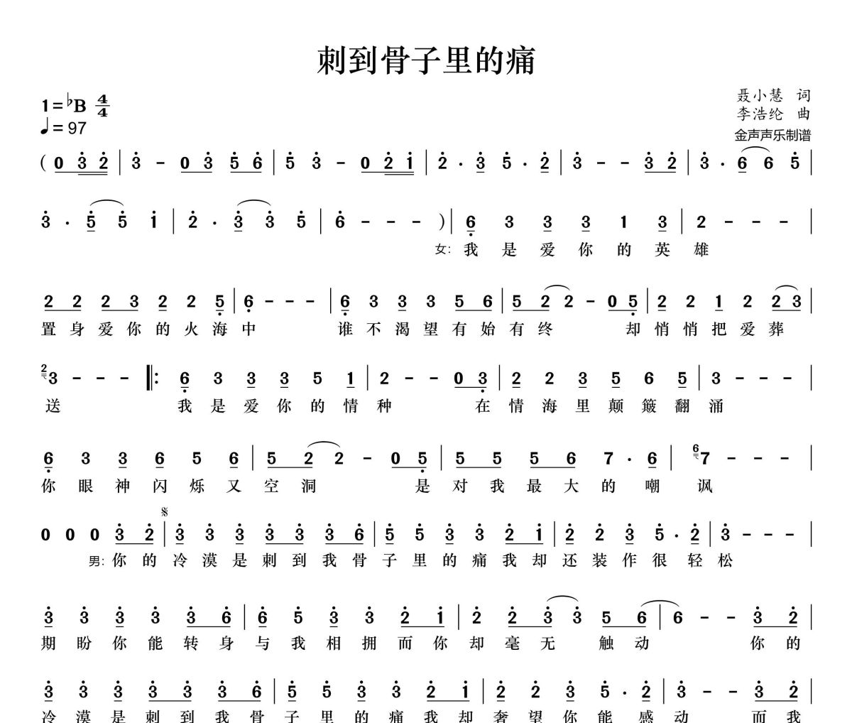 刺到骨子里的痛简谱 冷漠、云菲菲《刺到骨子里的痛》简谱+动态视频降B调