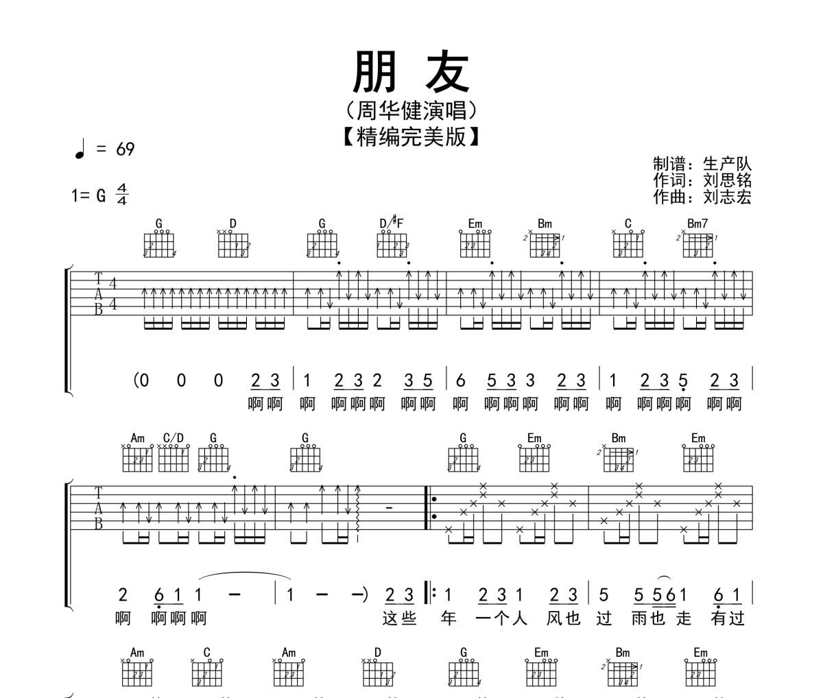 朋友吉他谱 周华健-朋友(精编版)六线谱G调指法编配吉他谱