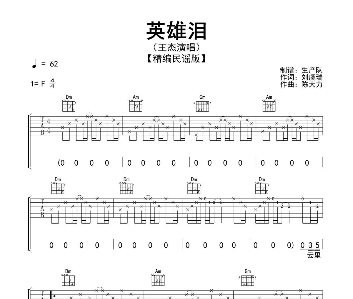 英雄泪吉他谱 王杰《英雄泪》六线谱F调指法编配吉他谱