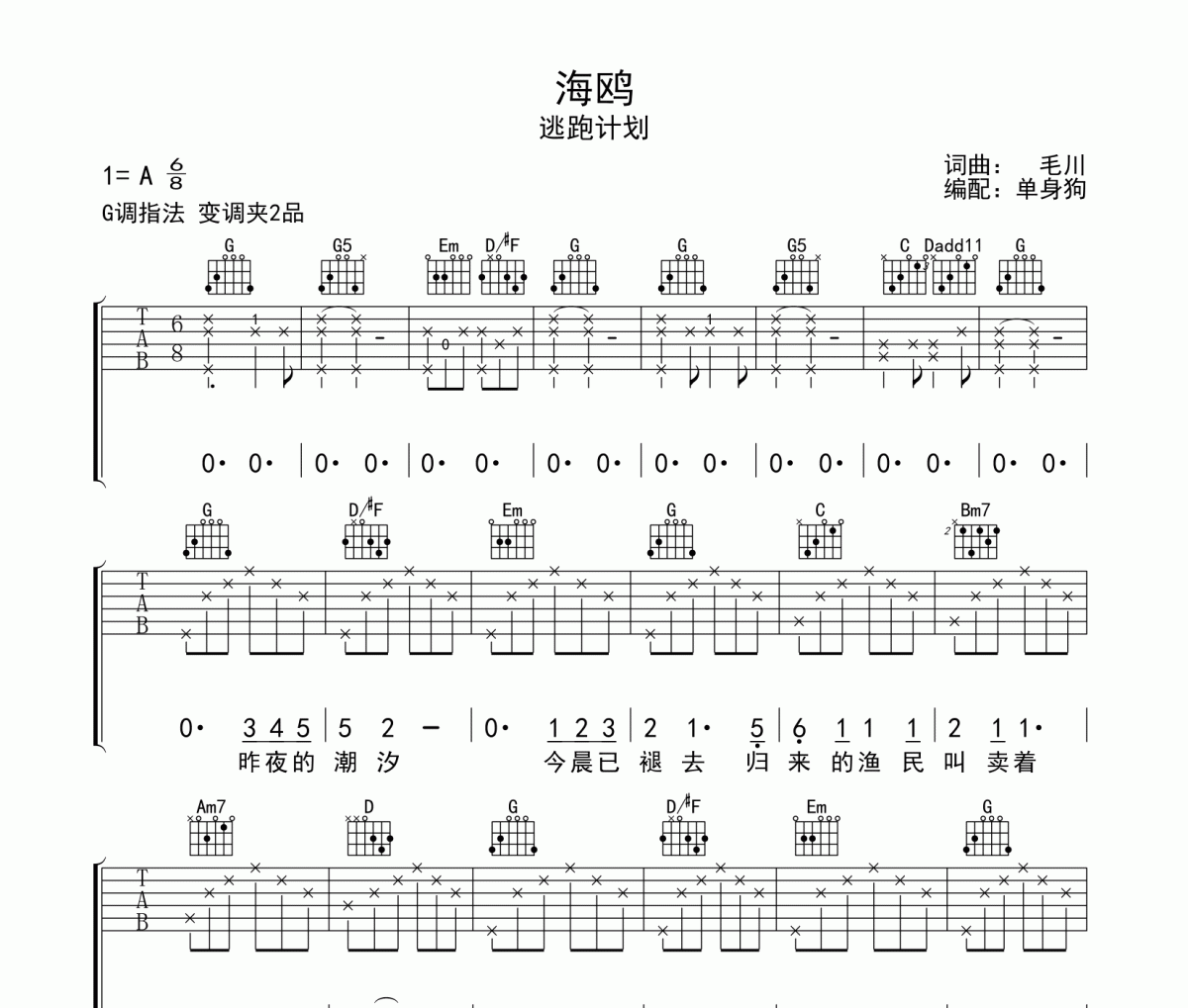 海鸥吉他谱 逃跑计划-海鸥G调指法六线谱