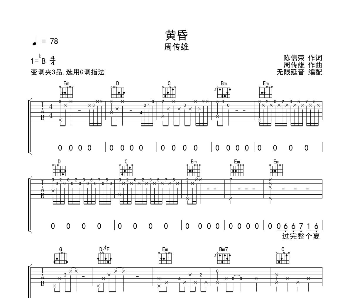 黄昏吉他谱 周传雄《黄昏》六线谱G调指法吉他谱