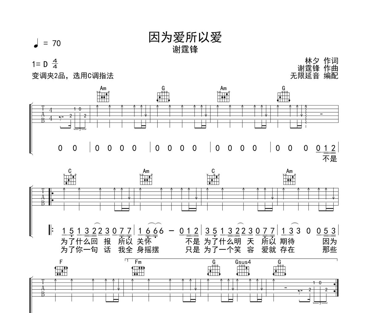 因为爱所以爱吉他谱 谢霆锋《因为爱所以爱》六线谱无限延音制谱