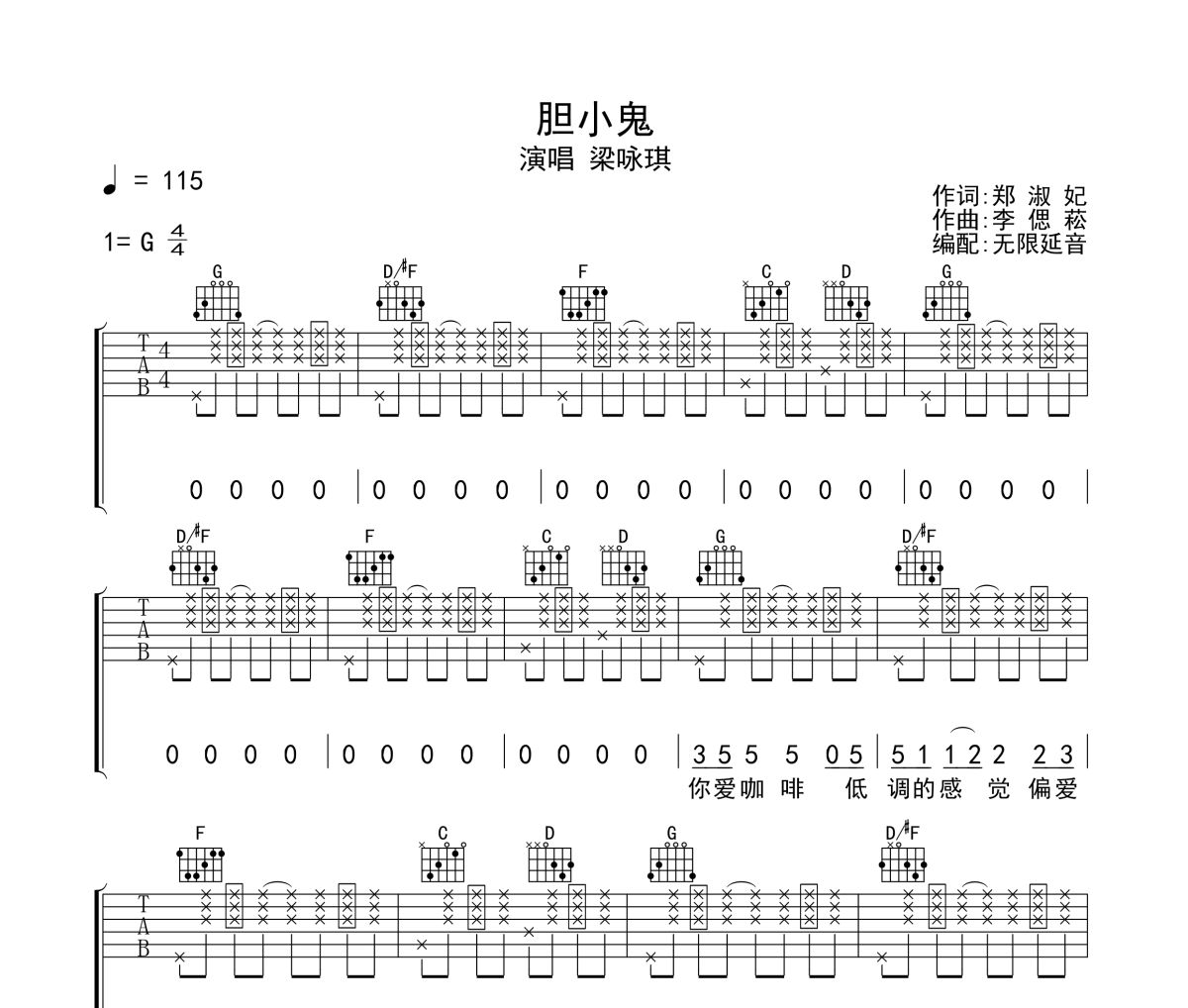 梁咏琪《胆小鬼》六线谱|吉他谱 无限延音制谱