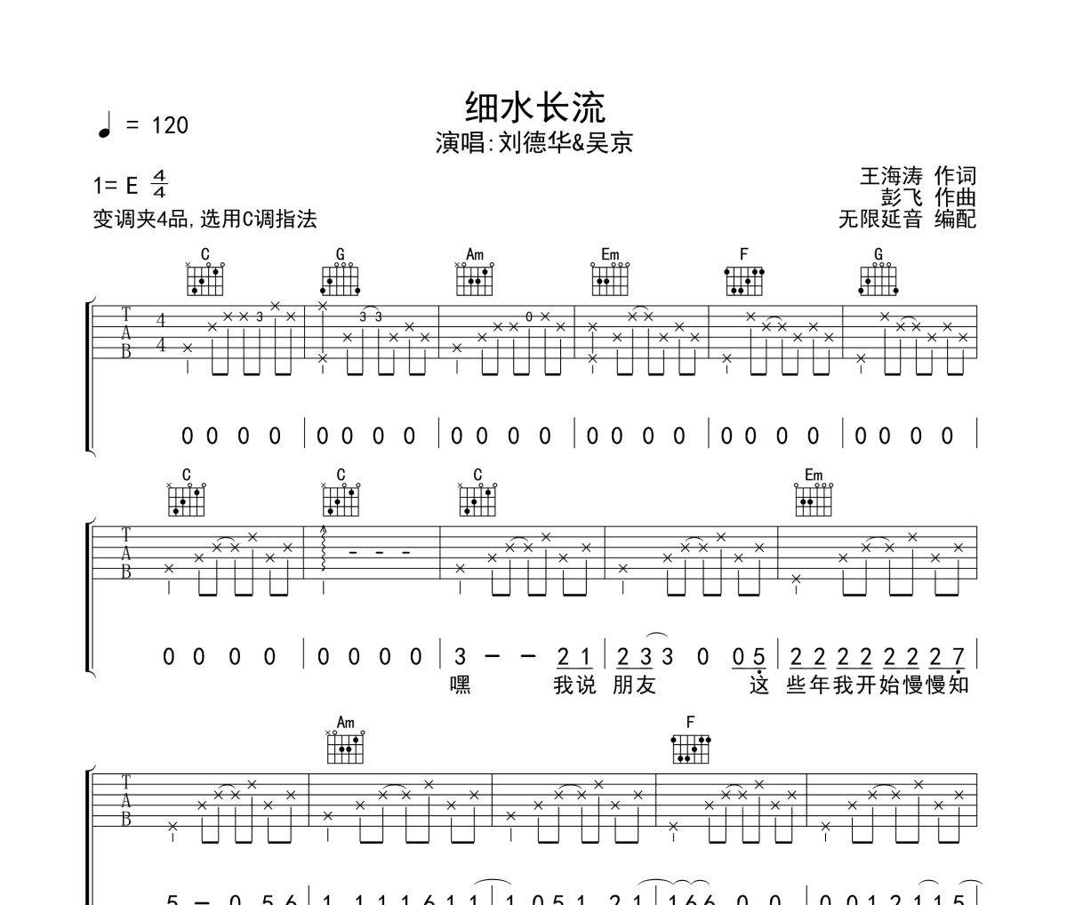 吴京&刘德华-细水长流六线谱吉他谱 无限延音制谱