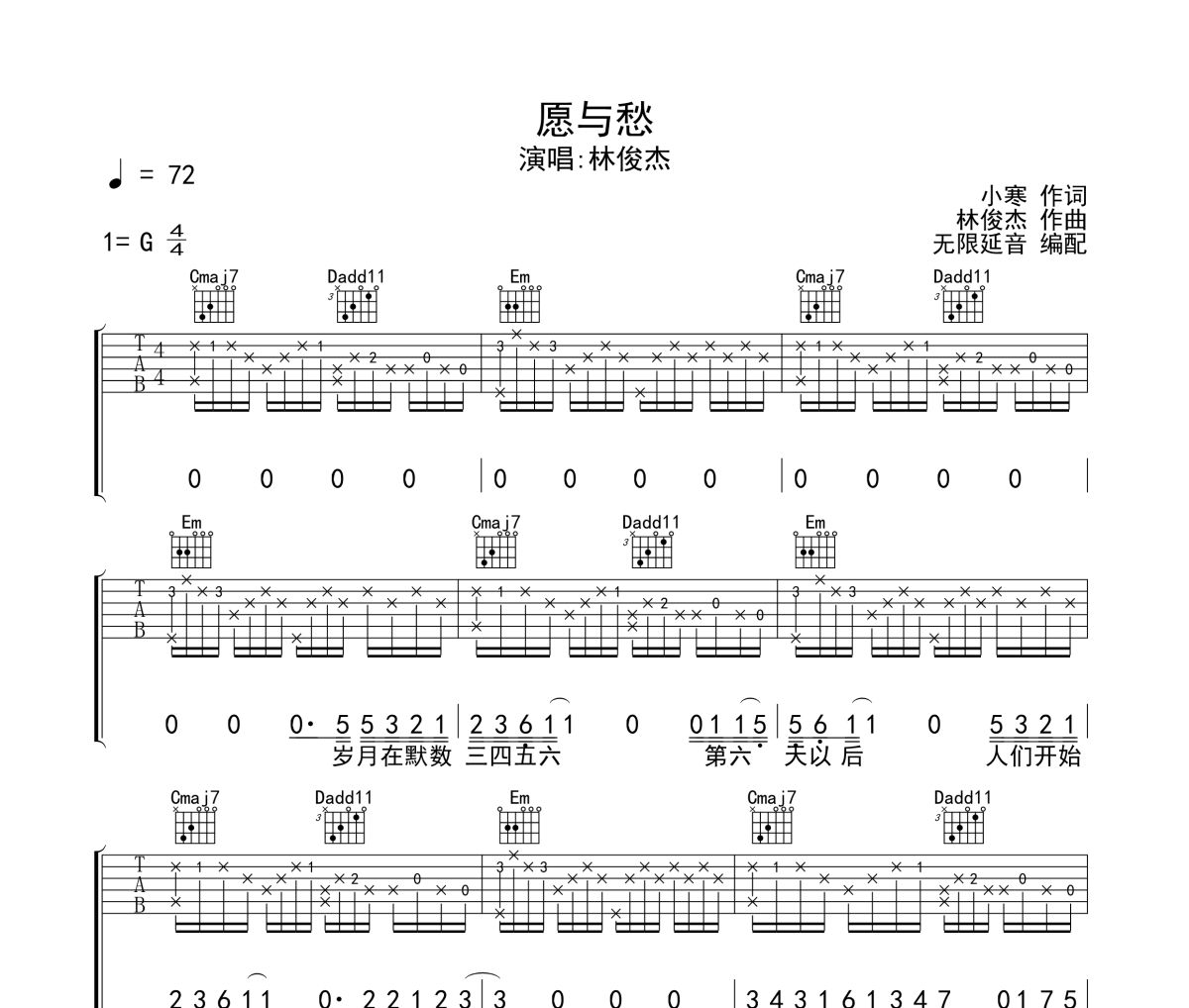 愿与愁吉他谱 林俊杰《愿与愁》六线谱无限延音制谱