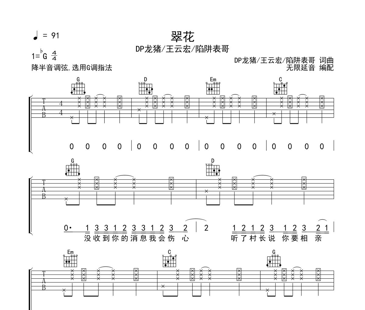 翠花吉他谱 DP龙猪&王云宏&陷阱表哥-翠花六线谱无限延音制谱