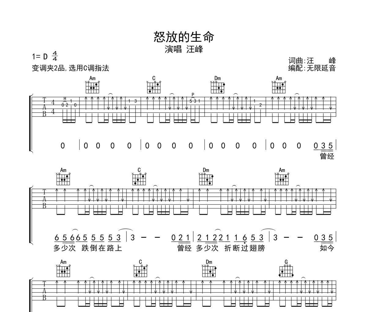 怒放的生命吉他谱 汪峰-怒放的生命六线谱无限延音制谱