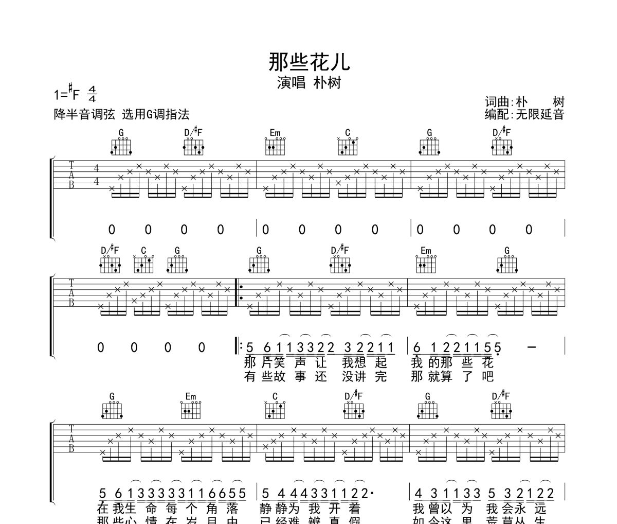 那些花儿吉他谱 朴树-那些花儿六线谱无限延音制谱