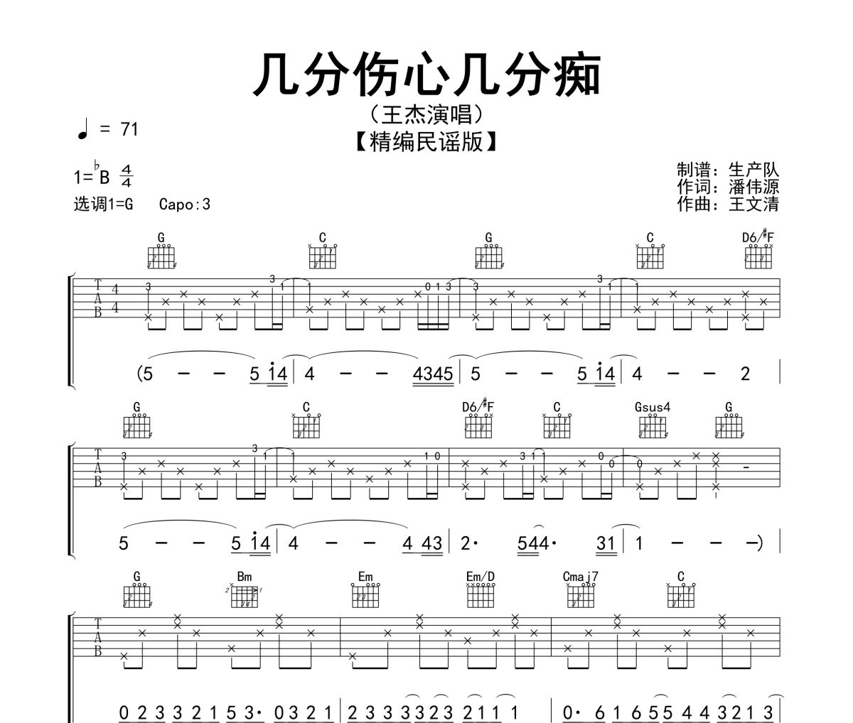 几分伤心几分痴吉他谱 王杰《几分伤心几分痴》六线谱G调指法编配吉他谱
