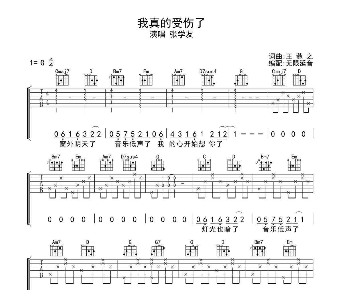 我真的受伤了吉他谱 张学友-我真的受伤了六线谱无限延音制谱