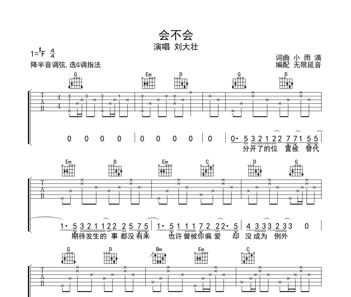 会不会吉他谱 刘大壮-会不会六线谱无限延音制谱吉他谱