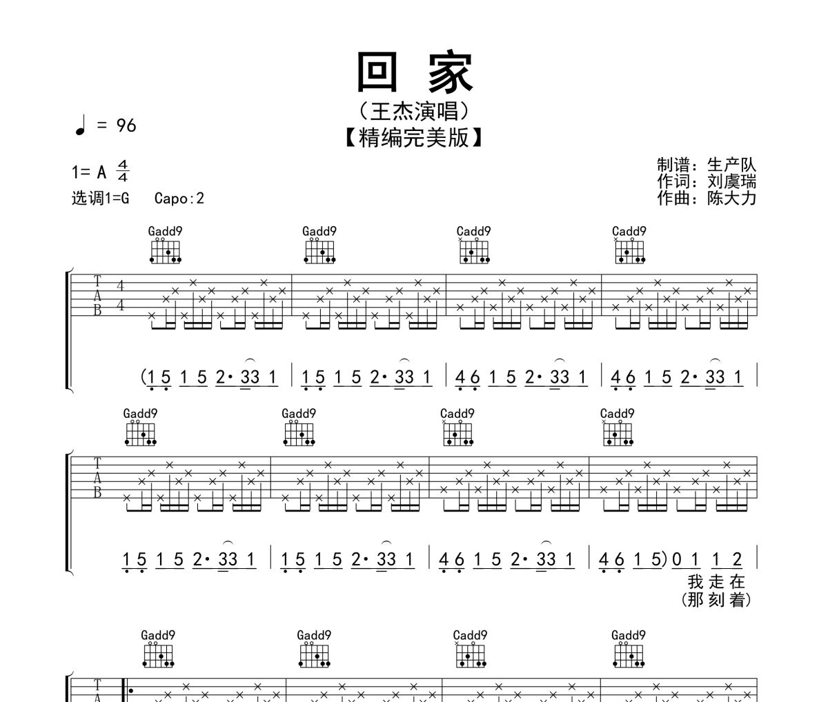 回家吉他谱 王杰《回家》六线谱G调指法编配