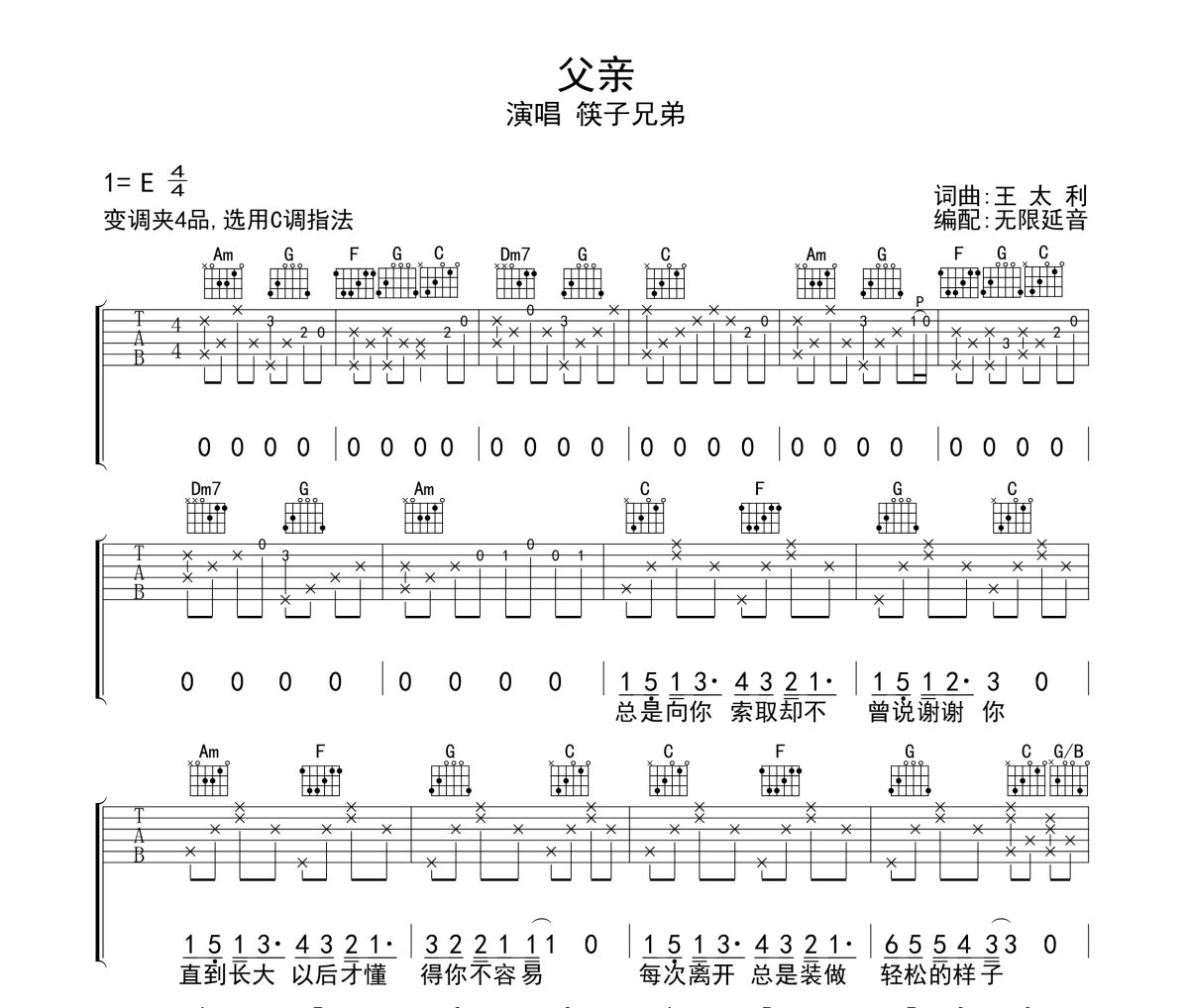 父亲吉他谱 筷子兄弟《父亲》六线谱无限延音制谱