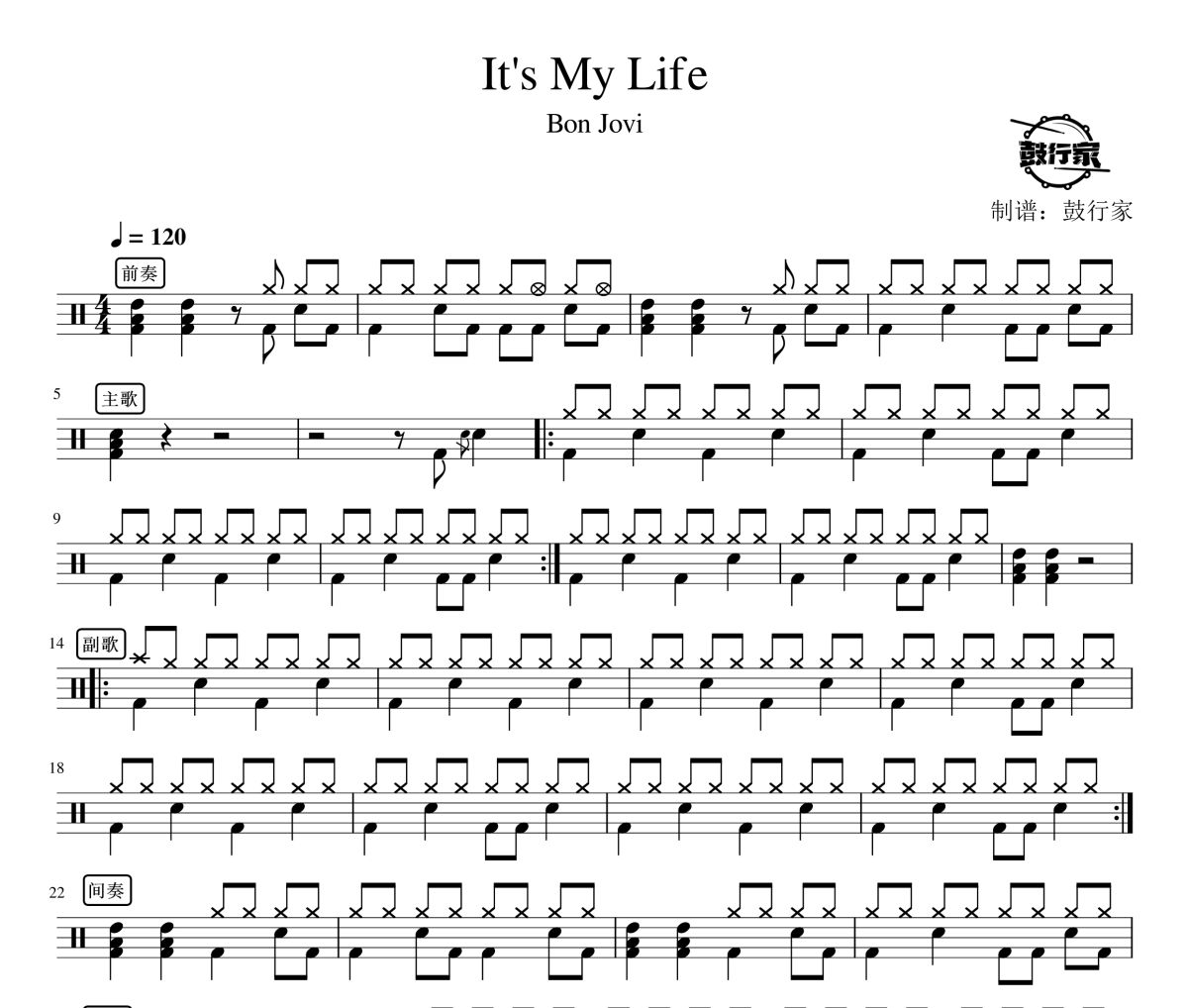 It's My Life鼓谱 Bon Jovi-It's My Life爵士鼓谱 鼓行家制谱