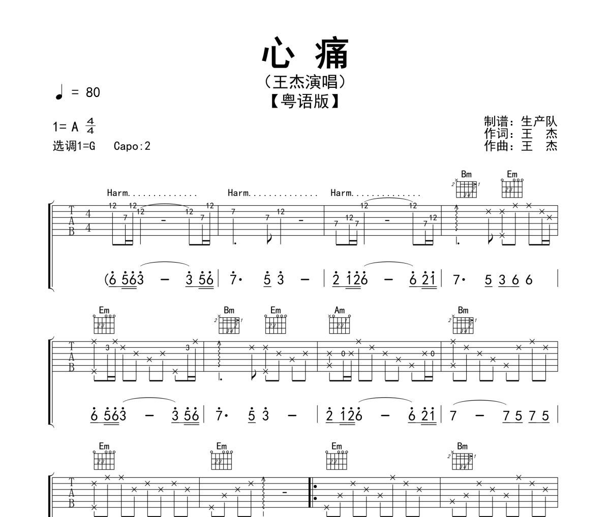 心痛吉他谱 王杰《心痛》(粤语版)六线谱G调指法编配吉他谱